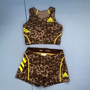 Adidas shorts and crop top sports bra cheetah print black and yellow